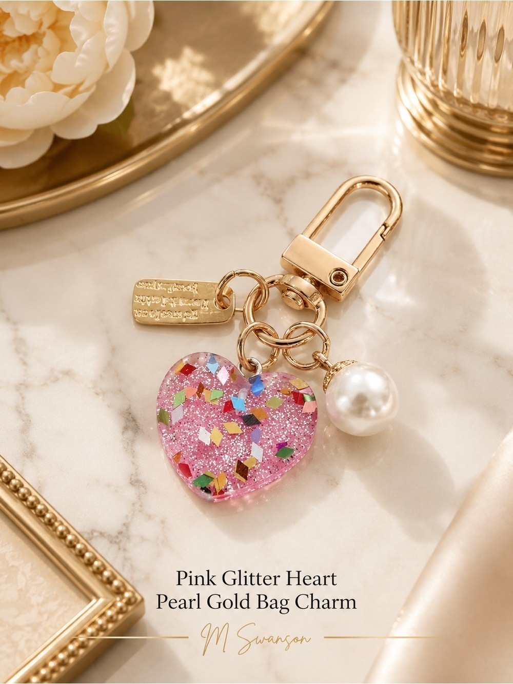 NEW Pink Glitter Heart Pearl Gold Bag Charm Key Ring NWT